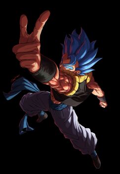 1boy absurdres black_background black_vest blue_eyes blue_hair blue_sash clenched_hand closed_mouth commentary cropped_vest dragon_ball dragon_ball_super dragon_ball_super_broly english_commentary full_body gekiroo gogeta highres male_focus medium_hair metamoran_vest muscular muscular_male no_shirt outstretched_arm pants pointing sash signature simple_background smile solo spiked_hair super_saiyan super_saiyan_blue vest white_pants
