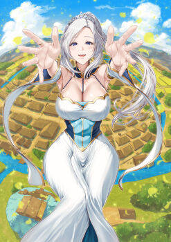 1girl :d armpits blue_eyes blue_sky breasts cleavage cloud covered_navel day detached_sleeves dress halterneck highres large_breasts long_hair oikawa_tooru open_mouth original outdoors outstretched_arms ponytail river sky smile solo standing tiara village water white_dress white_hair white_sleeves