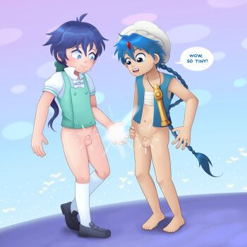 2boys aladdin_(magi) barefoot blue_hair bottomless erection feet foreskin highres lloyd_de_saloum magi_the_labyrinth_of_magic magic male_focus multiple_boys nuggets penis penis_shrinking ponytail shoes shota small_penis socks tensei_shitara_dai_nana_oji_datta_no_de:_kimama_ni_majutsu_o_kiwamemasu testicles