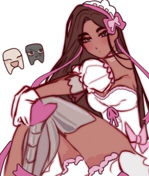 1girl alien_stage brown_hair commentary detached_sleeves dewey_(alien_stage) dress english_commentary from_side gloves grey_eyes headdress highres hyuna_(alien_stage) isaac_(alien_stage) knees_up long_hair looking_at_viewer pink_ribbon pirasa_(everlandroads) prosthesis prosthetic_leg puffy_short_sleeves puffy_sleeves ribbon short_sleeves signature sitting strapless strapless_dress very_long_hair white_dress white_gloves white_sleevs