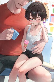 2boys absurdres age_difference black_hair black_shorts blue_eyes bulge closed_mouth collarbone commentary_request covered_penis crying food hakusyokuto highres holding holding_food holding_ice_cream ice_cream ice_cream_cone male_focus multiple_boys one_eye_closed onii-shota original red_shirt shirt short_shorts short_sleeves shorts sitting sitting_on_lap sitting_on_person sleeveless solo_focus tank_top tears white_tank_top yaoi