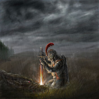 Rule 34 | 1boy, absurdres, armor, beak, breastplate, cloud, commentary, couter, cuirass, dark cloud, dragon, english commentary, faulds, feathers, fire, flaming sword, flaming weapon, full armor, gauntlets, gorget, grass, grasslands, hammk, highres, holding, holding sword, holding weapon, knight, original, outdoors, pauldrons, plate armor, plume, poleyn, rain, red feathers, rerebrace, shield, shield on back, shoulder armor, smoke, solo, stab, sword, vambraces, visor (armor), weapon