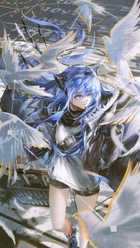 1girl absurdres aqua_eyes arknights bare_legs bird black_coat black_scarf black_shoes black_shorts blue_hair coat commentary_request copyright_name dove fur-trimmed_coat fur_trim gloves halo highres hood hood_down hooded_coat horns long_hair long_sleeves looking_to_the_side mostima_(arknights) parted_lips rolling_suitcase scarf shirt shoes short_shorts shorts solo suitcase timeline very_long_hair walking white_gloves white_shirt z_05