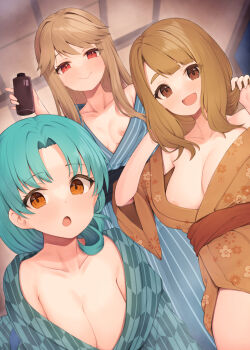 Rule 34 | 3girls, :d, :o, binsen, bottle, breasts, brown eyes, brown hair, closed mouth, collarbone, commentary request, from below, green hair, green kimono, hair down, highres, idolmaster, idolmaster million live!, indoors, japanese clothes, kimono, long hair, looking at viewer, loose clothes, miyao miya, multiple girls, my pace unit (idolmaster), nipples, open mouth, orange eyes, red eyes, smile, tenkuubashi tomoka, thick eyebrows, tokugawa matsuri, yellow kimono