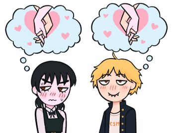 1boy 1girl black_dress black_hair black_jacket blonde_hair blush bubblemunne chainsaw_man commentary denji_(chainsaw_man) dress embarrassed english_commentary fangs fangs_out fourth_east_high_school_uniform gakuran heart imagining jacket mitaka_asa pinafore_dress school_uniform shirt sideways_glance simple_background sleeveless sleeveless_dress smile speech_bubble sweatdrop thought_bubble twintails upper_body white_background white_shirt