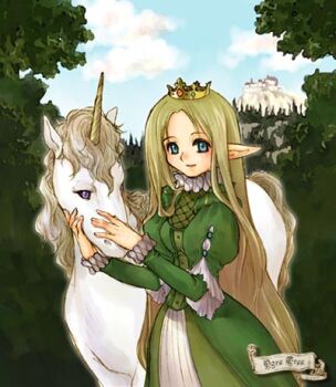 1girl bad_id blonde_hair blue_eyes blue_sky breasts castle closed_mouth cloud commentary_request crown day dress fantasy gold_crown green_dress juliet_sleeves long_hair long_sleeves lowres medium_breasts mini_crown neck_ruff original outdoors pointy_ears puffy_sleeves saikachi_(ogre_tree) sky smile unicorn very_long_hair wrist_ruff