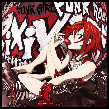 Rule 34 | 1girl, barefoot, belt, black border, boots, border, brown eyes, candy, collar, eating, english text, female focus, fishnets, food, graffiti, highres, licking, lollipop, md5 mismatch, microphone, miniskirt, one eye closed, open mouth, original, pixiv punk and rock, plaid clothes, plaid skirt, pleated skirt, punk, red eyes, red hair, red skirt, revision, short hair, sitting, skirt, socks, solo, spray can, spray paint, striped, thighhighs, tongue, tongue out, tsukuba masahiro, unworn boots, unworn legwear, wink