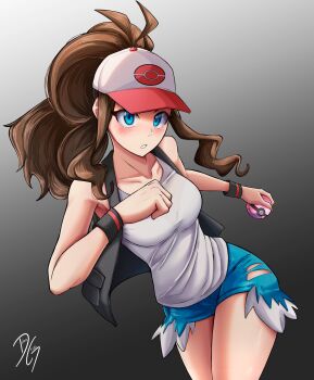 1girl absurdres baseball_cap black_vest blue_eyes blue_shorts blush breasts brown_hair collarbone cowboy_shot dilan_griz gradient_background grey_background hat high_ponytail highres hilda_(pokemon) holding holding_poke_ball long_hair looking_at_viewer medium_breasts nintendo open_clothes open_vest parent:12904065 poke_ball poke_ball_print pokemon pokemon_bw ponytail short_shorts shorts solo tank_top vest white_tank_top wristband
