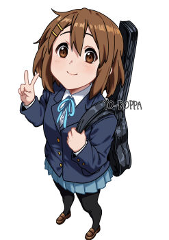 1girl artist_name black_thighhighs blue_ribbon blue_skirt brown_eyes brown_hair closed_mouth dot_nose female_focus full_body guitar_case hair_between_eyes hair_ornament hairclip happy hirasawa_yui instrument_case jacket k-on! long_sleeves looking_at_viewer pantyhose ribbon sakuragaoka_high_school_uniform school_uniform shirt shoes short_hair simple_background skirt smile solo standing thighhighs v white_background white_shirt yo-roppa