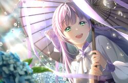 Rule 34 | 1girl, :d, ame to ajisai ni utaeba (love live!), ascot, blue flower, blurry, blurry foreground, bow, cloud, cloudy sky, depth of field, dutch angle, flower, game cg, green eyes, hair bow, half-closed eyes, half updo, highres, holding, holding umbrella, hydrangea, link! like! love live!, long hair, long sleeves, looking at viewer, love live!, official art, oil-paper umbrella, open mouth, otomune kozue, puffy long sleeves, puffy sleeves, purple bow, purple hair, shirt, sidelocks, sky, sleeve cuffs, smile, solo, teeth, third-party source, umbrella, upper body, upper teeth only, virtual youtuber, water drop, white ascot, white shirt