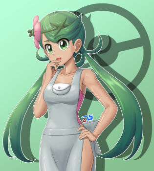Rule 34 | 1girl, bare shoulders, breasts, dark-skinned female, dark skin, els (ljhlee12), eyes visible through hair, flower, green background, green eyes, green hair, hair flower, hair ornament, hand on own hip, long hair, mallow (pokemon), medium breasts, nintendo, overall skirt, pokemon, pokemon sm, sleeveless, twintails, very long hair