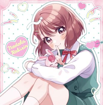 Rule 34 | 1girl, blush, border, bow, bowtie, brown eyes, brown hair, buttons, closed mouth, collared shirt, commentary request, double-breasted, dress, feet out of frame, green dress, hanadera nodoka, healin' good precure, highres, kneehighs, kuzumochi (hgnon82), looking at viewer, outline, outside border, pinafore dress, pink border, polka dot, polka dot background, precure, rabirin (precure), red bow, red bowtie, shirt, short hair, sitting, sleeveless, sleeveless dress, smile, socks, solo, white background, white outline, white shirt, white socks