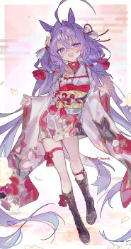 1girl :d absurdly_long_hair ahoge animal_ears black_boots boots commentary_request crossed_bangs floral_print flower full_body funa_(sakana) hair_between_eyes hair_flower hair_intakes hair_ornament hair_ribbon highres horse_ears horse_tail hunae_(funa_(sakana)) japanese_clothes kimono lace-up_boots long_hair long_sleeves looking_at_viewer low_twintails new_year obi open_mouth original print_kimono purple_eyes purple_hair red_ribbon ribbon sash short_kimono sidelocks sleeves_past_wrists smile solo standing tail tail_flower tail_ornament thigh_strap twintails very_long_hair white_flower wide_sleeves