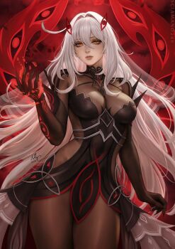 1girl black_dress black_nails bodystocking breasts closed_mouth commentary covered_navel dated dress english_commentary fingernails genshin_impact hair_between_eyes hair_intakes hand_up highres long_fingernails long_hair looking_at_viewer medium_breasts orange_eyes pantyhose red_fire revision ronova_(genshin_impact) sciamano240 signature solo symbol-shaped_pupils very_long_hair white_hair