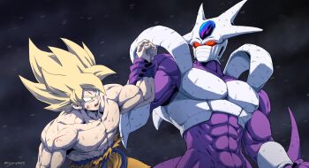 2boys abs absurdres battle black_background blonde_hair colored_skin commentary cooler_(dragon_ball) dragon_ball dragonball_z english_commentary forehead_jewel glowing glowing_eyes green_eyes highres holding_another's_wrist horang4628 multiple_boys muscular muscular_male orange_pants pants purple_skin red_eyes spiked_hair super_saiyan super_saiyan_1 topless_male twitter_username