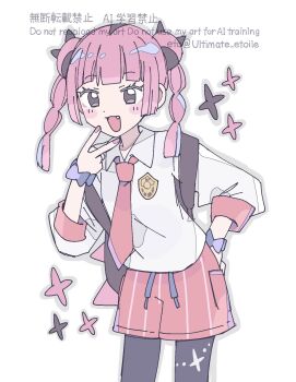 1girl :d black_eyes black_pantyhose blunt_bangs blush_stickers braid collared_shirt coral_(pokemon) fang highres long_sleeves looking_at_viewer naranja_academy_school_uniform necktie nintendo open_mouth orange_necktie orange_shorts pantyhose pink_hair pink_nails pokemon pokemon_(anime) pokemon_horizons remoooon school_uniform shirt shorts simple_background smile solo standing striped_clothes striped_shorts twin_braids upper_body v white_background white_shirt