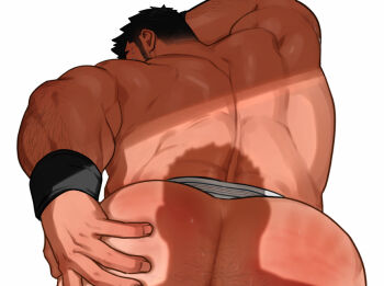 1boy arm_hair ass ass_hair bara brown_hair from_behind jockstrap male_focus male_underwear muscular muscular_arms muscular_male original pov_shadow sakuramarusan shadow sideburns simple_background slap_mark solo spreading_own_ass sweat underwear white_background wide_back wristband
