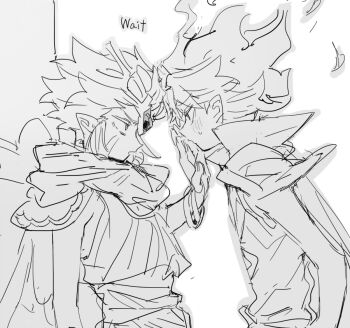 2boys bad_id bad_twitter_id blush cape cookie_run english_text fiery_hair fire_spirit_cookie greyscale headgear humanization inactive_account male_focus monochrome multiple_boys nana_(ebitokanimiso) painttool_sai_(medium) pointy_ears scarf short_hair simple_background sketch white_background wind_archer_cookie yaoi