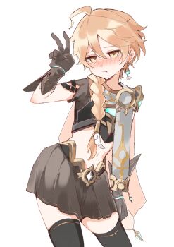1boy absurdres adapted_costume aether_(genshin_impact) ahoge black_gloves black_shirt black_skirt black_thighhighs blush braid braided_ponytail commentary_request cowboy_shot cropped_shirt crossdressing crossdressing_(mtf) earrings embarrassed genshin_impact gloves hair_over_shoulder hand_up highres jewelry long_hair looking_at_viewer male_focus midriff navel nihon_no_hentai pleated_skirt scarf shirt simple_background single_earring skirt solo thighhighs v white_background white_scarf zettai_ryouiki