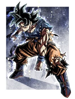 1boy aura black_hair border bruise bruise_on_arm bruise_on_face bruise_on_torso closed_mouth dougi dragon_ball dragon_ball_super frown full_body grey_eyes highres injury looking_at_viewer male_focus orange_pants outside_border pants shirt solo son_goku spiked_hair torn_clothes torn_pants torn_shirt ultra_instinct ushi_(akabec0) white_border wristband