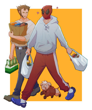 2boys animification bag belt brown_bag brown_hair commentary_request couple crocs deadpool deadpool_&amp;_wolverine deadpool_(series) dog doghooouse dogpool drink facial_hair food full_body glass_bottle green_eyes highres holding holding_bag hood hood_down hoodie long_sleeves looking_at_another male_focus marvel marvel mask multiple_boys pants red_mask shopping_bag short_hair socks tongue tongue_out white_hoodie wolverine_(x-men) x-men yaoi