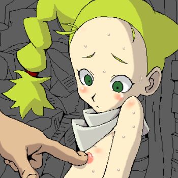 00s 1girl aliasing blonde_hair blush cl-55 covered_erect_nipples eva_(mahou_shoujo_tai_arusu) flat_chest green_eyes loli lowres mahou_shoujo_tai_arusu male_hand neckerchief oekaki small_areolae small_nipples sweat