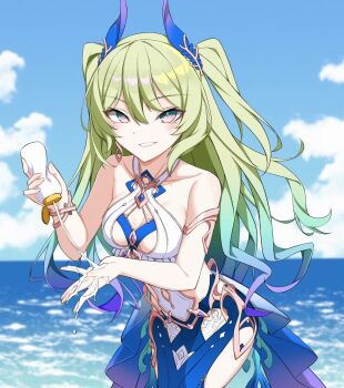 Rule 34 | 1girl, applying sunscreen, blue horns, blue sky, breasts, chinese commentary, commentary request, earrings, fake horns, green hair, grin, highres, holding sunscreen, honkai (series), honkai impact 3rd, horns, jewelry, long hair, mermaid costume, mobius (daughter of corals) (honkai impact), mobius (honkai impact), ocean, official alternate costume, official alternate hairstyle, outdoors, sky, slit pupils, small breasts, smile, solo, twintails, very long hair, yinyu (yinyu1999)