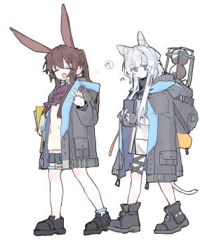 2girls amiya_(arknights) animal_ear_fluff animal_ears arknights ascot black_cloak black_shoes book brown_hair cat_ears cat_girl cat_tail cloak closed_eyes closed_mouth full_body green_eyes hair_between_eyes hand_up highres holding holding_book hood hood_down jewelry long_hair long_sleeves looking_at_viewer multiple_girls multiple_rings open_cloak open_clothes open_mouth ponytail purple_ascot rabbit_ears rabbit_girl ring ring_on_every_finger rosmontis_(arknights) ryne_25 shirt shoes simple_background tail teeth upper_teeth_only walking waving white_background