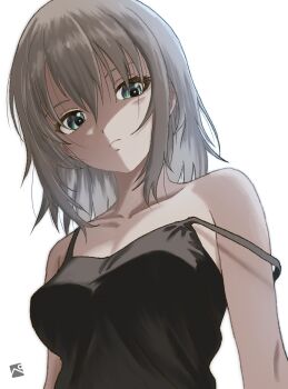 Rule 34 | 1girl, absurdres, bare shoulders, black camisole, blue eyes, breasts, camisole, collarbone, commentary request, girls und panzer, grey eyes, grey hair, highres, itsumi erika, kainushi, light frown, looking at viewer, medium breasts, medium hair, shaded face, shirt, simple background, sleeveless, sleeveless shirt, solo, spaghetti strap, staring, strap slip, upper body, white background