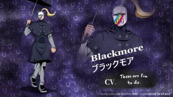 1boy black_capelet black_coat blackmore blonde_hair blue_umbrella capelet catch_the_rainbow character_name coat commentary english_commentary grey_pants grey_shirt hand_up high_ponytail highres holding holding_umbrella hood hood_up horseshoe jojo_no_kimyou_na_bouken long_coat long_sleeves male_focus official_style pants ponytail rainbow_print raincoat shirt solo stand_(jojo) steel_ball_run therealartoside umbrella white_mask zoom_layer