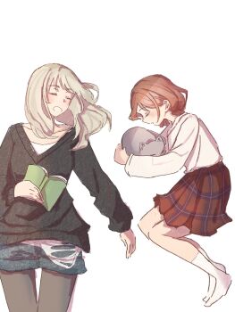 2girls black_pantyhose black_sweater blue_shorts book brown_hair cat closed_eyes commentary_request girls_band_cry grey_hair highres iseri_nina kawaragi_momoka long_hair multiple_girls open_book open_mouth pantyhose pantyhose_under_shorts red_skirt salted_butter_m shirt short_hair shorts simple_background skirt sleeping sweater white_background white_shirt