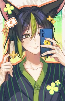 1boy animal_ear_fluff animal_ears black_hair black_pajamas cellphone closed_mouth comb fox_boy fox_ears genshin_impact green_eyes green_hair hair_between_eyes haryu_chee holding holding_comb holding_phone male_focus multicolored_hair pajamas phone short_hair smartphone smile solo streaked_hair striped_clothes striped_pajamas tighnari_(genshin_impact)
