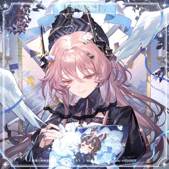 3girls amiya_(arknights) animal_ears arknights artist_name black_dress black_hat brown_hair character_request chibi closed_mouth dress hair_between_eyes hand_up hashtag-only_commentary hat highres ichisaku jewelry long_hair long_sleeves multiple_girls rabbit_ears rabbit_girl red_eyes ring smile upper_body