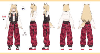 1girl animal_ear_piercing animal_ears black_choker black_vest blonde_hair choker closed_mouth commentary_request cropped_hoodie dog_ears dog_girl dog_tail full_body highres hood hood_down hoodie jewelry kmnz lita_(kmnz) long_hair long_sleeves midriff_peek multiple_views navel official_art open_clothes open_vest pants puffy_long_sleeves puffy_sleeves purple_eyes red_pants reference_sheet ring shoes shugao simple_background smile sneakers tail vest virtual_youtuber white_background white_hoodie white_shoes