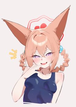 1girl absurdres animal_ears blue_archive blue_one-piece_swimsuit blush braid braided_hair_rings breasts fang fox_ears gen_(unzzenasd) grey_background hair_between_eyes hair_rings halo highres looking_at_viewer one-piece_swimsuit open_mouth orange_hair purple_eyes red_halo rumi_(blue_archive) rumi_(small)_(blue_archive) simple_background skin_fang small_breasts smile solo swimsuit
