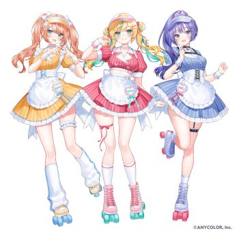 Rule 34 | apron, aqua hair, belt, black choker, blonde hair, blue hair, choker, commentary request, double bun, frilled thigh strap, hair bun, hand up, hands up, heart, heart hands, highres, igarashi rika, kneehighs, leg ribbon, leg warmers, long hair, looking at viewer, multicolored hair, nijisanji, open mouth, orange hair, parted lips, ponto nei, ponytail, ragi (diabolik angle), ribbon, shirt, short sleeves, simple background, skirt, socks, standing, standing on one leg, streaked hair, tachitsute toto, thigh belt, thigh strap, twintails, virtual youtuber, white apron, white background, white leg warmers, white socks, wrist cuffs