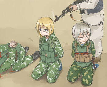 1boy 3girls aiming ak-47 akm ammunition_pouch anya_(dutchko) assault_rifle at_gunpoint bad_id bad_pixiv_id bdsm blonde_hair blood blood_on_face blue_eyes body_armor bondage boots bound camouflage closed_eyes corpse dutchko execution grey_hair gun gun_sling gun_to_head imminent_death kalashnikov_rifle kneeling load_bearing_vest magazine_(weapon) military military_combat_uniform military_uniform multiple_girls murder original peril pouch rifle scared shirt short_hair smoke smoking_barrel soldier soviet soviet_army striped_clothes striped_shirt tears telnyashka tied_up_(nonsexual) weapon
