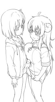 2futa bare_legs blush bottomless breasts calpara chiyoda_momo collarbone cowlick erection foreskin futa_with_futa futanari hair_ornament hairclip height_difference highres hood hoodie horns humiliation jacket large_breasts large_penis line_art long_hair long_sleeves machikado_mazoku medium_hair monochrome multiple_futa penis penis_comparison penis_pressed_against_chest penis_size_difference penises_touching phimosis sailor_collar school_uniform short_hair short_sleeved_shirt short_sleeves small_breasts small_penis small_penis_humiliation sweater tears very_long_hair white_background yoshida_yuuko yuri