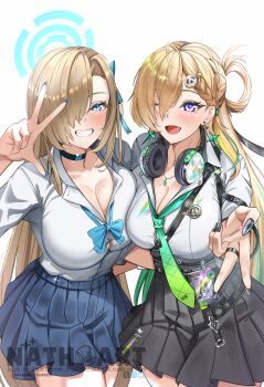 2girls absurdres artist_name asuna_(blue_archive) asuna_(school_uniform)_(blue_archive) black_nails black_skirt blonde_hair blue_archive blue_bow blue_bowtie blue_eyes blue_nails blue_ribbon blue_skirt blush bow bowtie braid braided_bangs breasts cleavage commentary crossover earrings english_commentary fingernails green_necktie hair_ornament hair_over_one_eye hair_ribbon halo halo_behind_head hand_up headphones headphones_around_neck highres id_card jewelry large_breasts long_fingernails long_fingers long_hair looking_at_viewer lynae_(wuthering_waves) mole mole_on_breast multicolored_hair multiple_girls nail_polish nathoart necklace necktie official_alternate_costume one_eye_closed open_mouth purple_eyes ribbon shirt simple_background skirt skull_hair_ornament smile star_(symbol) star_earrings streaked_hair w white_background white_shirt wuthering_waves