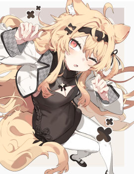 1girl animal_ear_fluff animal_ears black_bow black_dress black_hairband black_ribbon blonde_hair blush bow breasts cat_ears cat_girl cat_tail cleavage cleavage_cutout clothing_cutout commentary dress eku_(vrchat) hair_bow hairband hashtag-only_commentary jacket jewelry karei long_hair long_sleeves looking_at_viewer medium_breasts necklace one_eye_closed pantyhose parted_lips paw_pose pink_eyes ribbon simple_background solo sweater sweater_dress symbol-only_commentary tail turtleneck turtleneck_dress turtleneck_sweater very_long_hair vrchat white_jacket white_pantyhose
