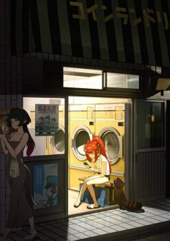 1other 2girls alternate_costume alternate_hairstyle animal animal_ears bag black_collar black_hair black_hat black_shorts blue_bag blue_eyes building cellphone closed_mouth collar commentary_request dolphin_shorts dress ear_piercing full_body green_eyes grey_dress grey_shoes hand_on_own_knee hat hearing_aid highres holding holding_phone jane_doe_(zenless_zone_zero) kamanosuke_(zenless_zone_zero) knees_together_feet_apart laundromat long_dress long_hair long_tail looking_at_phone midfinger mouse_ears mouse_girl mouse_tail multiple_girls nail_polish night phone piercing plastic_bag ponytail poster_(object) raccoon red_hair sharp_tail shirt shoes shorts sitting sleeveless sleeveless_dress slippers t-shirt tail tanuki tile_floor tiles toenail_polish toenails ukinami_yuzuha waiting washing_machine white_shirt window zenless_zone_zero