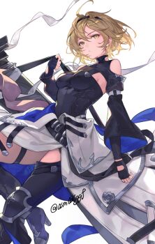 Rule 34 | 1girl, armpit cutout, blonde hair, boots, breasts, clothing cutout, djeeta (granblue fantasy), gloves, granblue fantasy, hairband, high heel boots, high heels, holding strap, honing seeker: eclipse, looking at viewer, medium breasts, osamu (jagabata), short hair, simple background, solo, thighhighs, twitter username, white background, yellow eyes