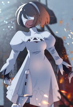 Rule 34 | 1girl, 2p (nier:automata), absurdres, black hair, blindfold, breasts, cleavage cutout, clothing cutout, commentary, covered eyes, dark-skinned female, dark skin, dress, english commentary, feather-trimmed sleeves, gjh, gloves, hairband, highres, juliet sleeves, long sleeves, nier:automata, nier (series), puffy sleeves, short hair, solo, thighhighs, white dress