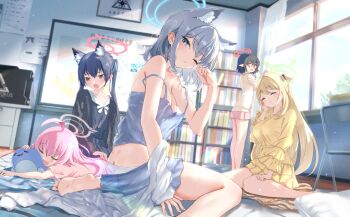 5girls ahoge animal_ear_fluff animal_ears ass ayane_(blue_archive) barefoot black_hair black_jacket black_skirt blonde_hair blue_archive blue_camisole blue_eyes blue_halo blue_ribbon blue_shorts blush breasts brown_eyes butt_crack camisole cat_ears cat_girl closed_eyes closed_mouth clothes_pull commentary_request foreclosure_task_force_(blue_archive) green_halo grey_hair hair_between_eyes hair_ribbon halo hand_on_own_face highres hoshino_(blue_archive) indoors jacket large_breasts long_hair looking_at_another looking_at_viewer lying medium_breasts multiple_girls nonomi_(blue_archive) on_floor on_stomach open_clothes open_jacket open_mouth panties panty_peek parted_lips pink_hair pink_halo pink_shirt pink_skirt red_eyes red_halo ribbon rubbing_eyes serika_(blue_archive) shiroko_(blue_archive) shirt short_sleeves shorts shorts_pull sitting skirt sleeping small_breasts smile soles tsuuhan twintails underwear unworn_shirt wariza white_panties white_shirt wolf_ears wolf_girl yellow_shirt yellow_skirt