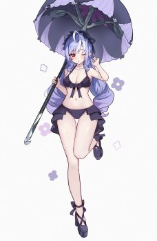 1girl absurdres arm_up bikini black_bikini black_nails black_panties black_pants black_shoes bow bowtie breasts chideno commentary drill_hair flower hairband highres holding holding_umbrella leg_up one_eye_closed open_mouth panties pants pointy_ears purple_bow purple_bowtie purple_flower purple_hair purple_hairband purple_umbrella red_eyes shoes solo swimsuit umbrella underwear vivian_banshee white_background zenless_zone_zero