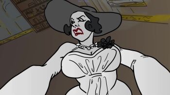 1girl 2021 alcina_dimitrescu angry animated antique_phone artist_name audible_speech beige_dress black_flower black_gloves black_hair black_hat black_rose bookshelf breasts capcom cleavage clenched_teeth closed_eyes collarbone commentary crack cracked_glass dress dress_flower earrings english_audio english_commentary female_focus flower gameplay_mechanics gloves half-closed_eyes hat highres indoors jewelry large_breasts long_dress long_sleeves looking_at_viewer mature_female multiple_views necklace neromai pale_skin pearl_necklace perspective phone red_lips reflection resident_evil resident_evil_village rose rotary_phone short_hair sound sun_hat talking talking_on_phone tall_female teeth third-party_edit vampire video watermark window