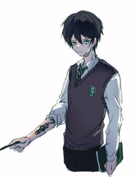 Rule 34 | 1boy, black hair, book, carrying, carrying under arm, closed mouth, collar, hair between eyes, harry potter (series), highres, hogwarts school uniform, holding, holding wand, looking at viewer, male focus, necktie, pixiv id 7170486, regulus black, school uniform, shirt, short hair, simple background, slytherin, snake, solo, vest, wand, white background, white shirt, wing collar, wizarding world
