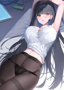 1girl black_hair black_panties black_pantyhose blue_archive blush breasts camisole can commentary_request drink_can highres large_breasts long_hair lying monster_energy navel on_back panties pantyhose red_eyes rio_(blue_archive) shougun_(chuckni1) solo tablet_pc underwear very_long_hair white_camisole