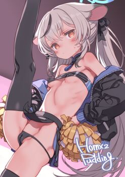 1girl alternate_costume animal_ears bandeau bare_shoulders black_hair black_jacket black_panties black_skirt black_thighhighs blue_archive blue_halo blush breasts brown_eyes cameltoe cheerleader closed_mouth covered_erect_nipples grey_hair halo holding holding_pom_poms jacket kokona_(blue_archive) leg_up loli long_hair looking_at_viewer miniskirt multicolored_hair navel off_shoulder open_clothes open_jacket orange_eyes panties pleated_skirt pom_pom_(cheerleading) pom_poms puddinghomhom skirt small_breasts solo standing standing_on_one_leg strapless streaked_hair thighhighs tiger_ears underwear very_long_hair