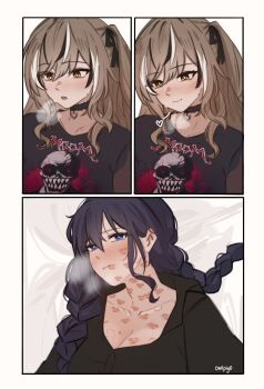 2girls absurdres bite_mark bite_mark_on_breast black_choker black_shirt black_streaks blue_eyes blush braid breath brown_eyes brown_hair choker commentary english_commentary highres hololive hololive_english lipstick_mark lipstick_mark_on_breast lipstick_mark_on_face lipstick_mark_on_neck long_hair multiple_girls nanashi_mumei nanashi_mumei_(emo) ouro_kronii owlpiyo purple_hair shirt twin_braids virtual_youtuber white_streaks yuri